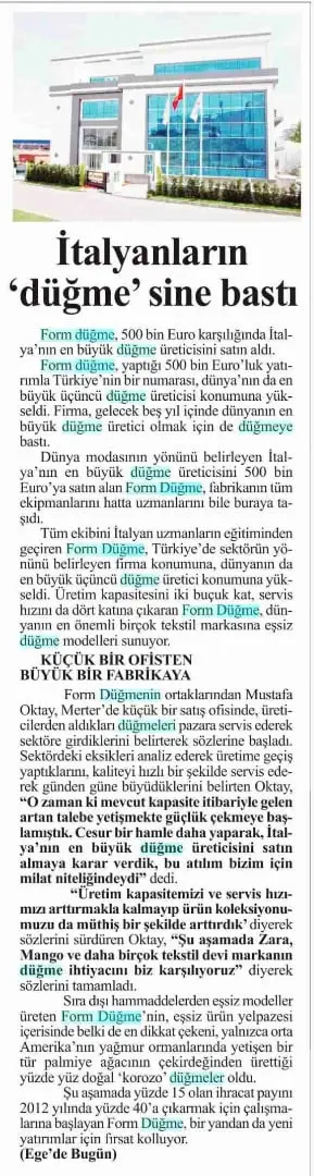 Haberin taranmış hali: İtalyanların 'Düğme'sine Bastı/Ege de Bugün Gazetesi(İzmir)