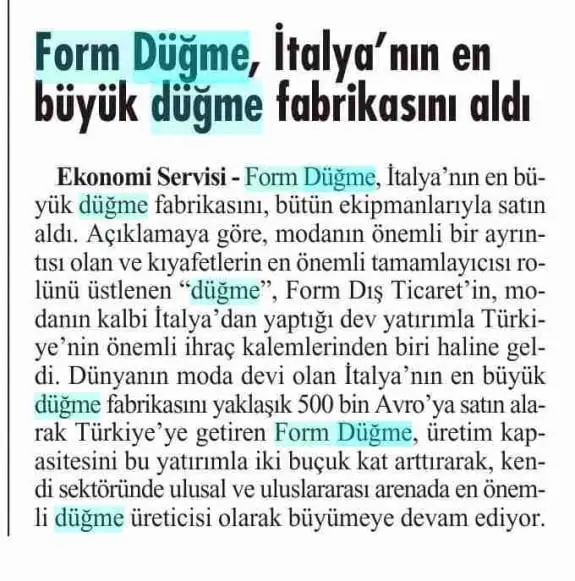 Haberin taranmış hali: Form Düğme, İtalya'nın En Büyük Düğme Fabrikasını Aldı./Cumhuriyet Gazetesi