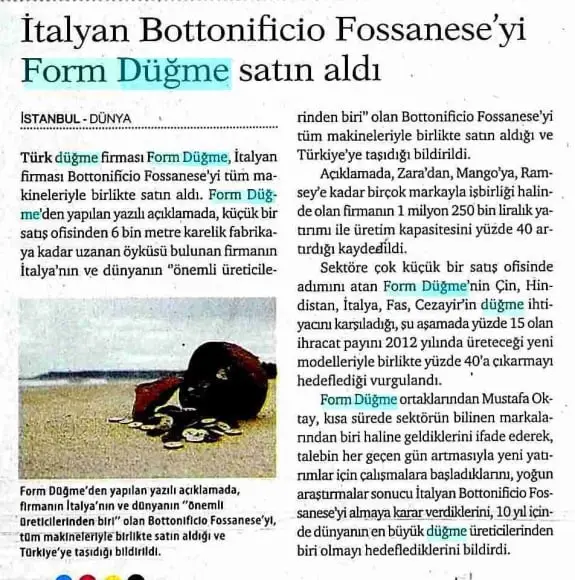 Haberin taranmış hali: İtalyan Bottonificio Fossanese'yi Form Düğme Satın Aldı/Dünya Gazetesi