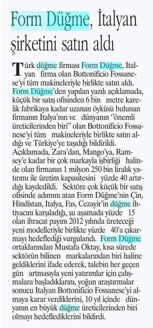 Haberin taranmış hali: Form Düğme İtalyan Şirketini Satın Aldı/Hürses Gazetesi