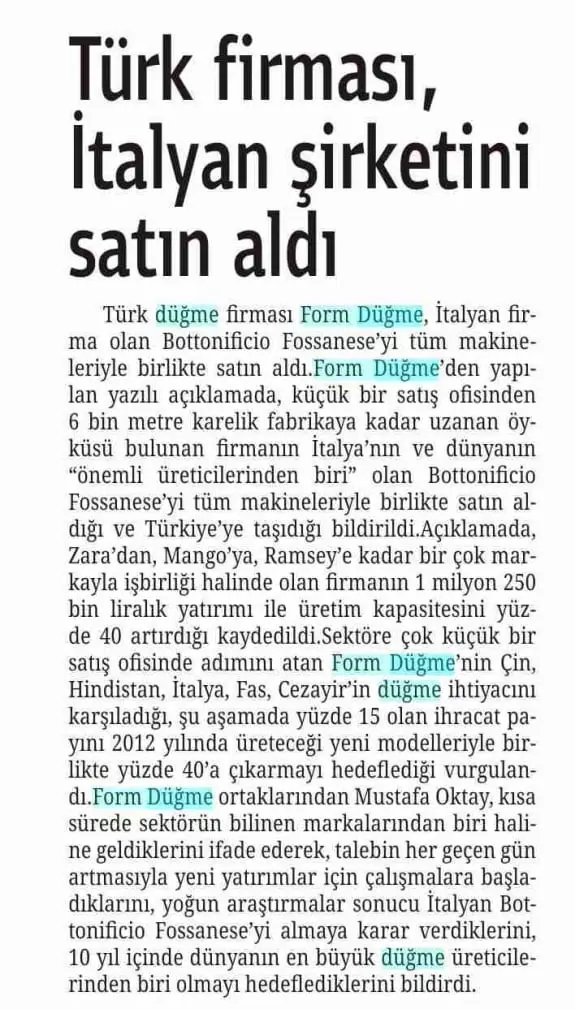Haberin taranmış hali: Türk Firması İtalyan Şirketini Satın Aldı/Son Söz Gazetesi(Ankara)