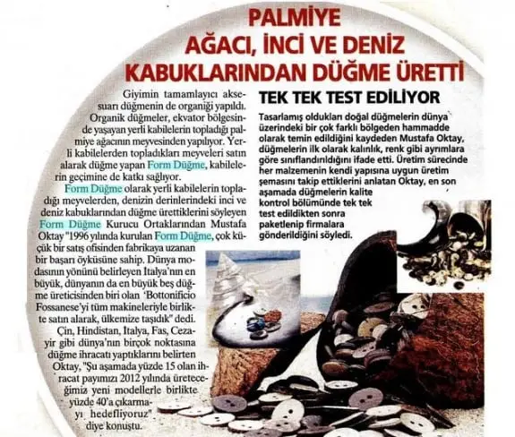 Haberin taranmış hali: Palmiye Ağacı, İnci ve Deniz Kabuklarından Düğme Üretti./Milliyet Gazetesi