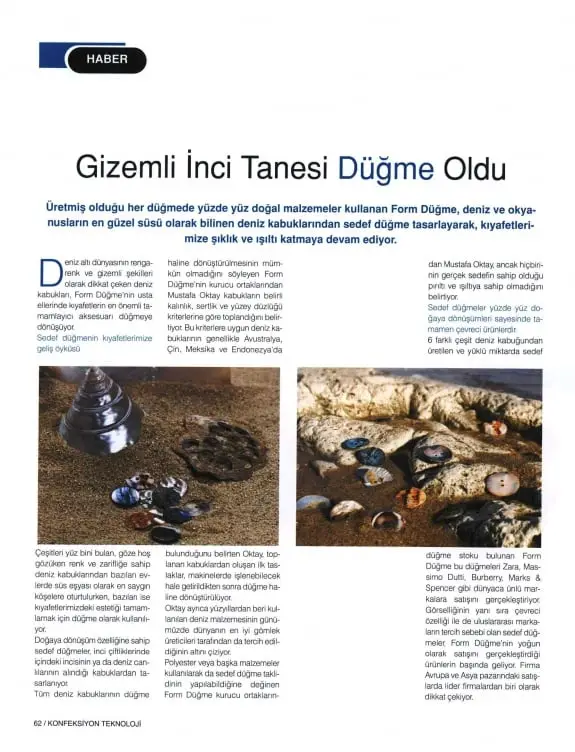 Haberin taranmış hali: Gizemli İnci Tanesi Düğme Oldu/ Tekstil Konfeksiyon Teknolojisi Dergisi