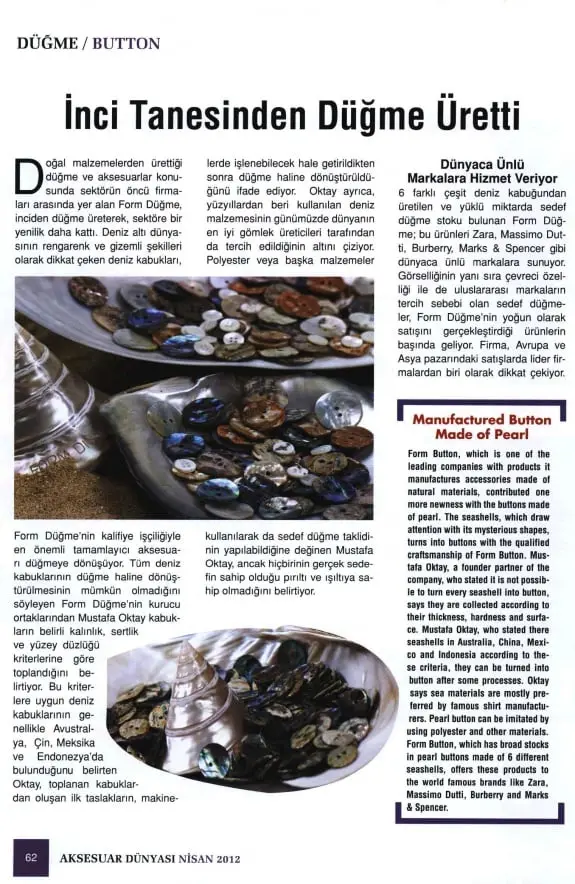 Haberin taranmış hali: İnci Tanesinden Düğme Üretti/Aksesuar Dünyası Dergisi