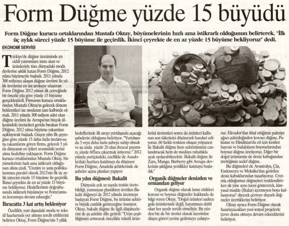 Haberin taranmış hali: Form Düğme Yüzde 15 Büyüdü /Hürses Gazetesi