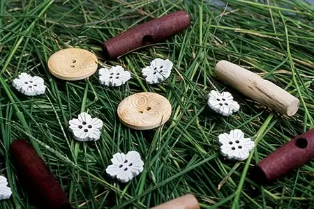 Çimen üzerine dağılmış tahta düğmeler ve çubuklar